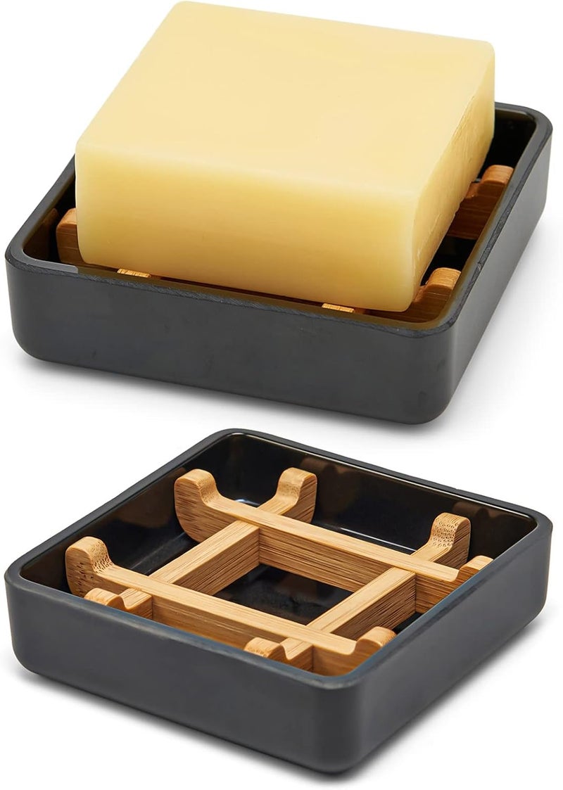 Fufengz Bamboo Soap Dishes for Bar Soap Holders for Shower with Drainage for Bathroom Sink Bulk Small Wooden Soap Tray (Single Right Angle Black) - Image 1